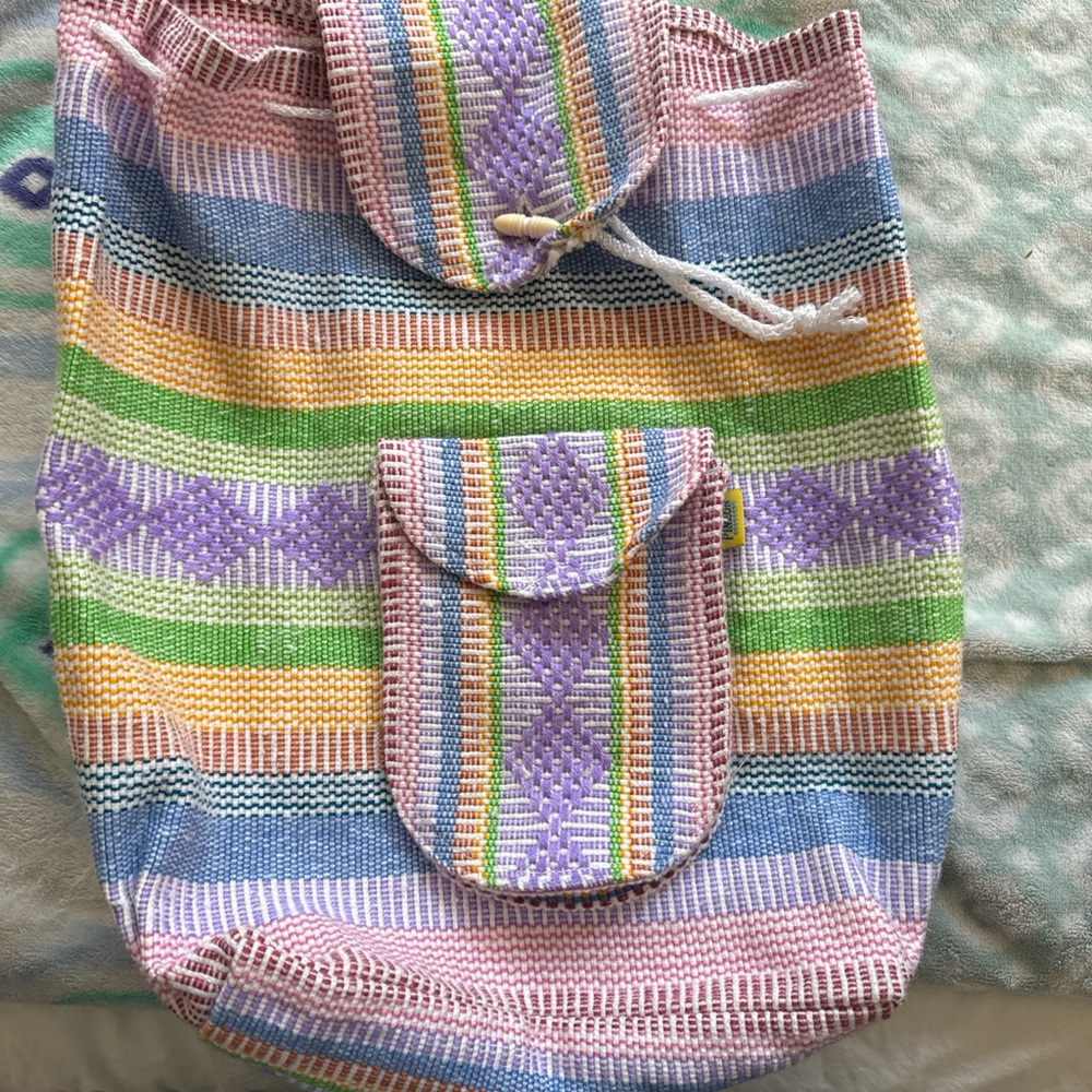 Woven Multicolor Stripe Drawstring Backpack - Pas… - image 1